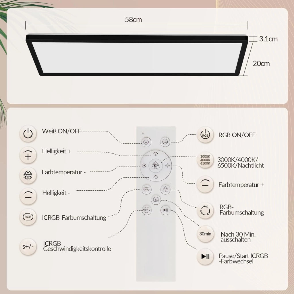 ZMH Lampada da soffitto LED Pannello Dimmabile Lungo Luce Diurna Retroilluminazione RGB Ufficio 22W per Soggiorno Nero