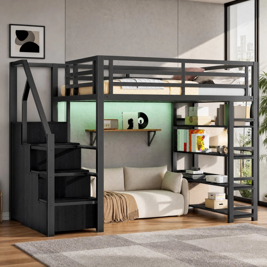 Letto a soppalco 140x200 cm con LED; scala contenitore e armadio in MDF e metallo nero