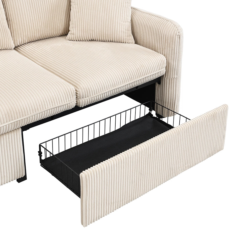 Divano angolare convertibile 3 Posti con Contenitore, 2 Pouf contenitore e Cuscini, in Velluto a coste Beige