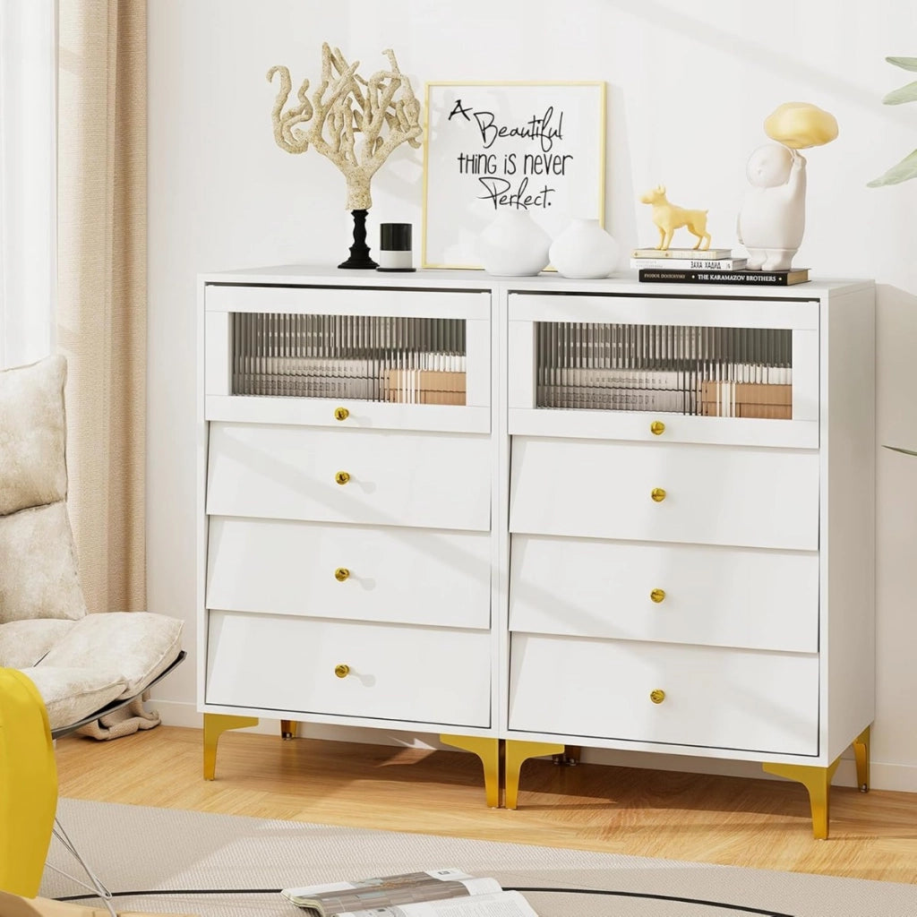 Com¨° 3 cassetti mobiletto moderno con porta in vetro a ribalta e cassetti estraibili, Gambe in metallo dorato e design anti-ribaltamento Bianco