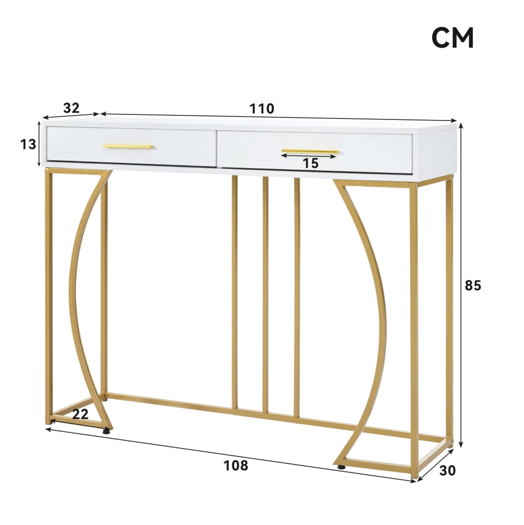 Tavolo consolle bianco e oro con 2 cassetti, metallo e piano in MDF, 110x32x85 cm