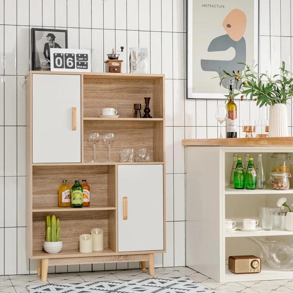 Libreria di Legno a 4 Livelli, Libreria con 2 Ante, 4 Mensole Aperte, Gambe in Legno di Gomma, Cuscinetti Antigraffio e Dispositivo Antiribaltamento, 80 x 24 x 119,5 cm (Bianco)