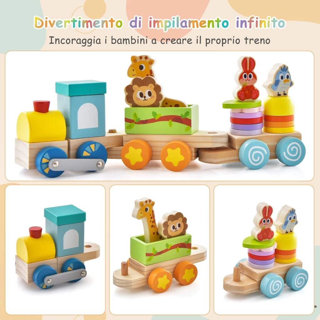 Set di Trenino Impilabile in Legno, Trenino Educativo in Legno Massello, Gioco Educativo in Legno per Bambini 3+ Anni
