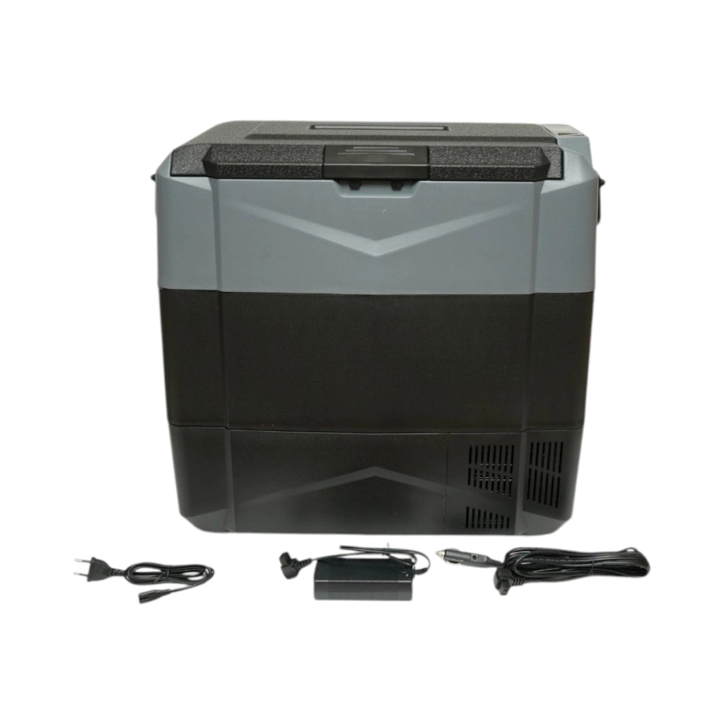 Frigorifero per auto 55L con compressore 12V-24V-220V, 60W, display LCD, doppia zona di raffreddamento, USB 630x390x590mm