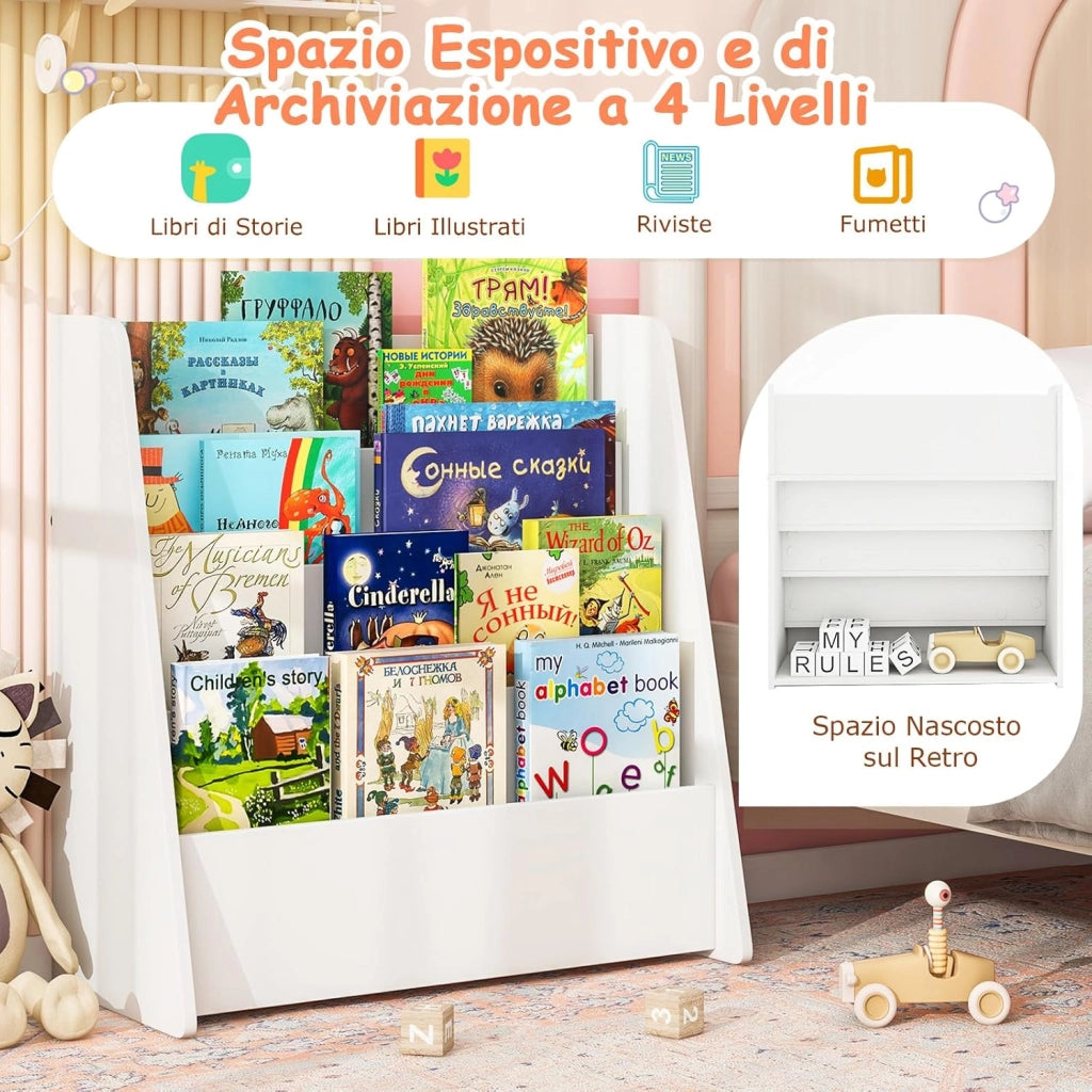 Libreria Montessoriana per Bambini, Scaffale a 4 Ripiani Aperto in Legno con Spazio Nascosto sul Retro, Porta Libri per Cameretta, Stanza dei Giochi e Aula, 57,5 x 26,5 x 59 cm (Bianco)
