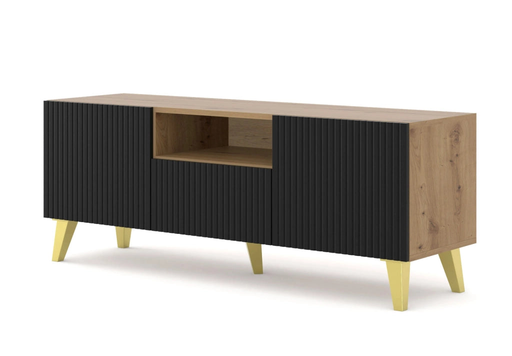 MOBILE RAVENNA PB PORTA TV IN MDF RIVESTITO IN FOGLIO 150 2D1S ROVERE ARTIGIANALE NERO OPACO GAMBE DORATE