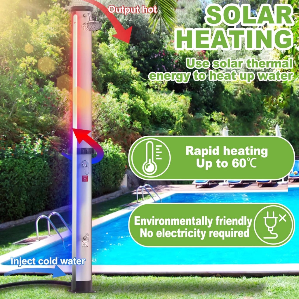 Doccia solare da giardino, 40 l, con cappa protettiva, per esterni, con rubinetto, soffione a pioggia, per giardino, piscina, campeggio, fino a 60 °C, colore: argento