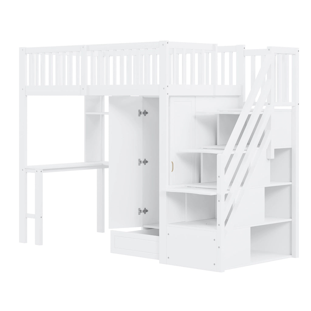 Letto a soppalco 90x200 con armadio, scrivania e scala contenitore
