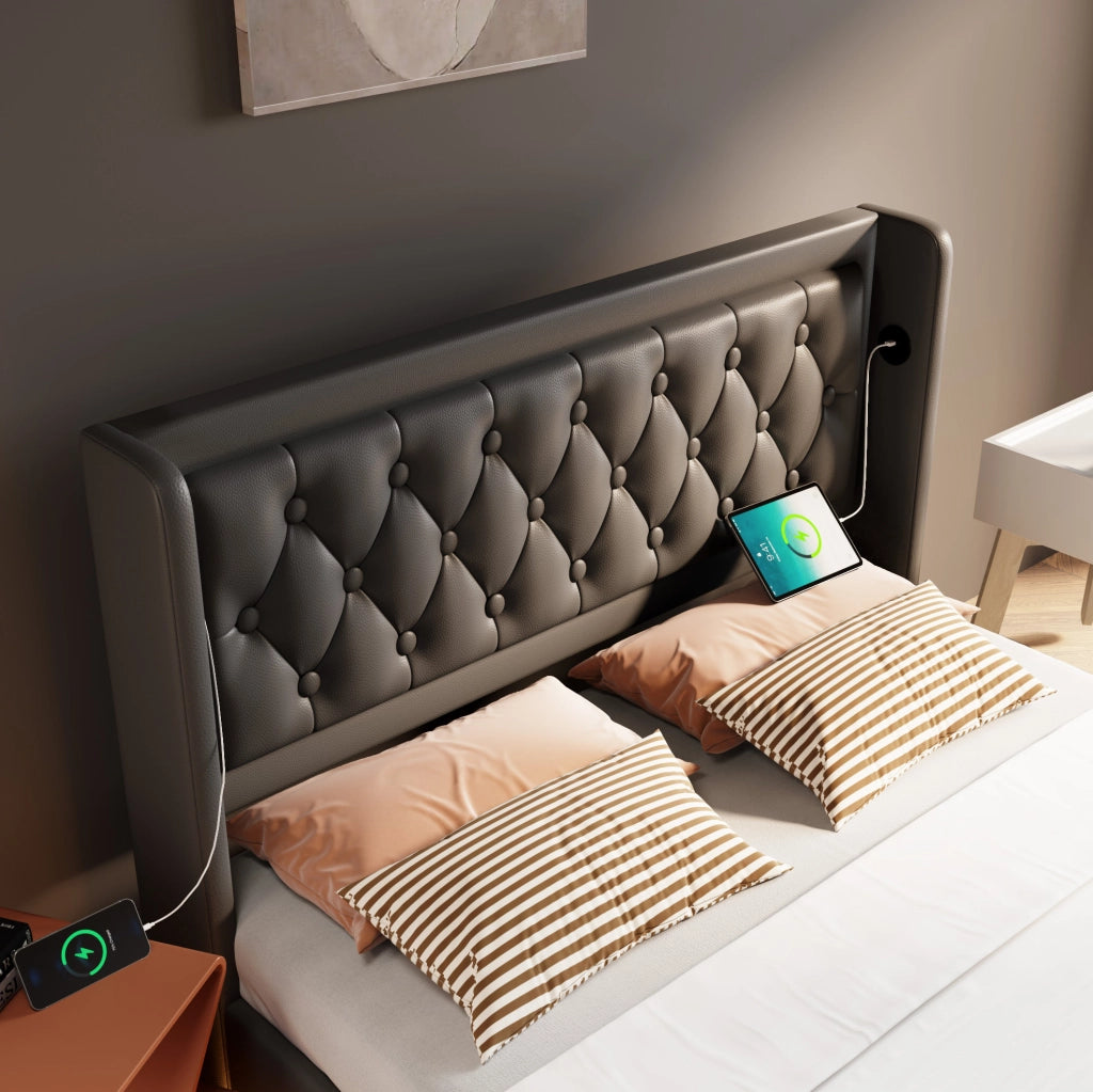 Letto matrimoniale imbottito con contenitore 140x200 cm in PU nero; LED e USB-C