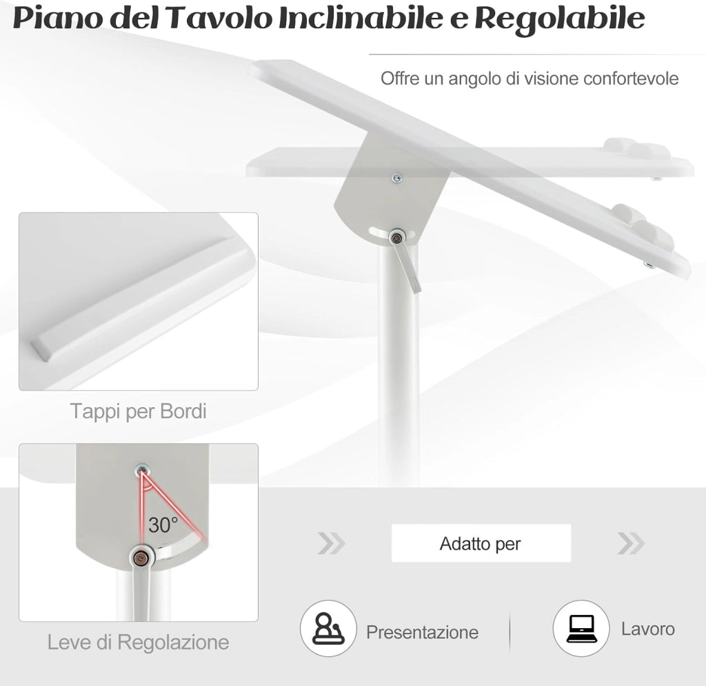 COSTWAY Podio per Conferenze, Pulpito Portatile per Laptop con Piano Inclinabile e Regolabile in Altezza, Vassoio Portaoggetti, Portabicchieri e Ruote Bloccabili (Bianco)
