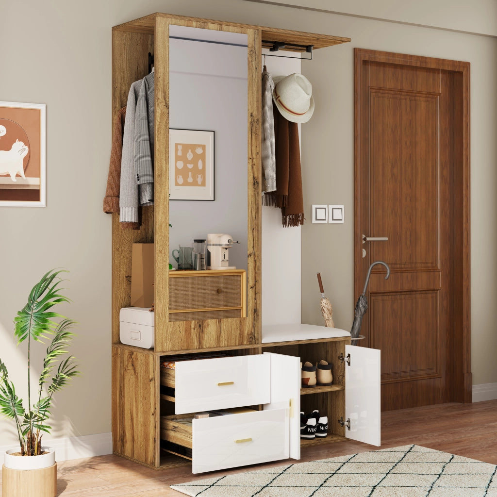 Mobile Ingresso con Specchio; Panca Scarpiera e Armadio Scarpiera con Barra Estraibile; 2 Ganci; Stile Moderno; in Truciolare; 100??38??180 cm; Bianco Naturale