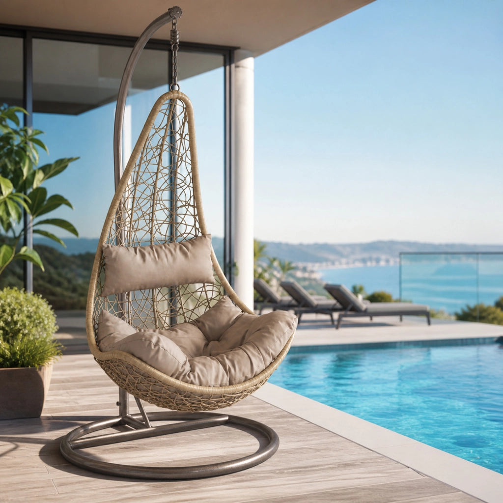 Poltrona Amaca Sospesa Con Telaio Indipendente In Metallo Seduta Ergonomica In Polyrattan E Cuscino Morbido Con Appoggiatesta Arredo Relax Per Giardino Patio Terrazzo E Balcone 105 x 195 Cm Beige