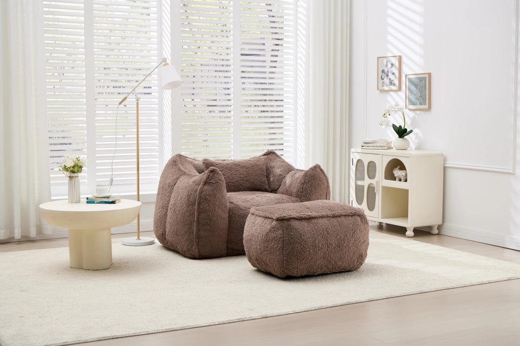 Poltrona pouf ergonomica senza montaggio con poggiapiedi e imbottitura in schiuma in faux fur kaki per relax