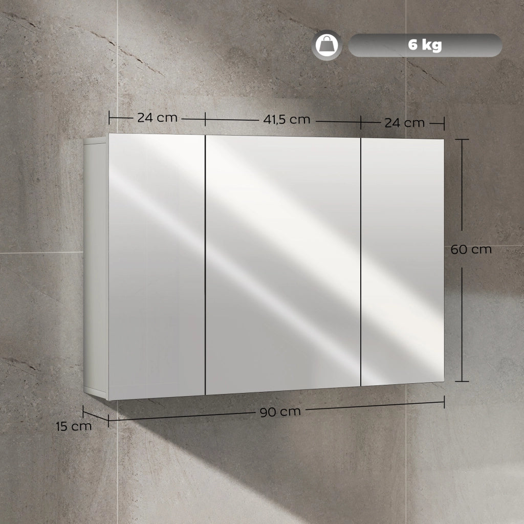 Armadio a muro per bagno con 3 ante specchio e ripiani regolabili ¨C Zephmum ¨C MDF grigio 90x60x15 cm