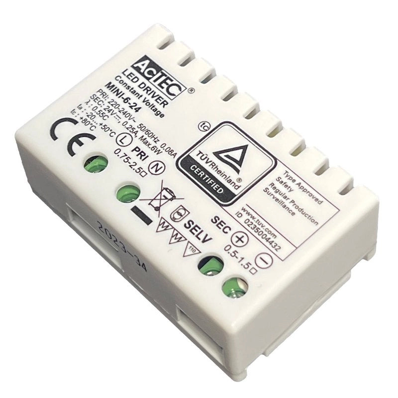 Mini Alimentatore Trasformatore 6W 24V 0,25A IP20 50X32X18,5mm Con Morsetti