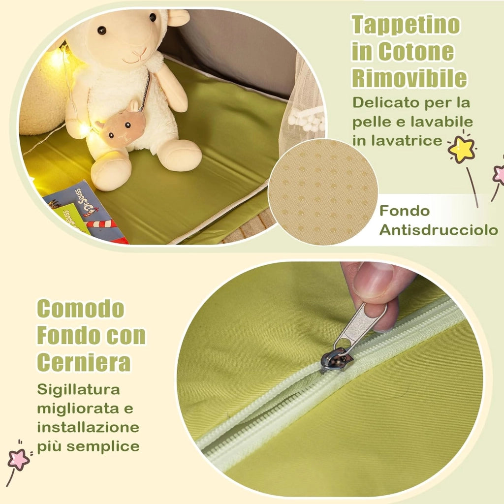 Tenda da Gioco per Bambini, Tenda Castello con Tappetino Lavabile, Luci a Forma di Stella, per Interno ed Esterno, 105 x 121 x 136 cm (Stile 2 Verde)