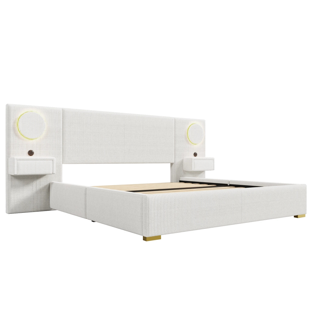Letto Matrimoniale 180x200 cm con LED; USB e cassetti ai lati; in Velluto Beige