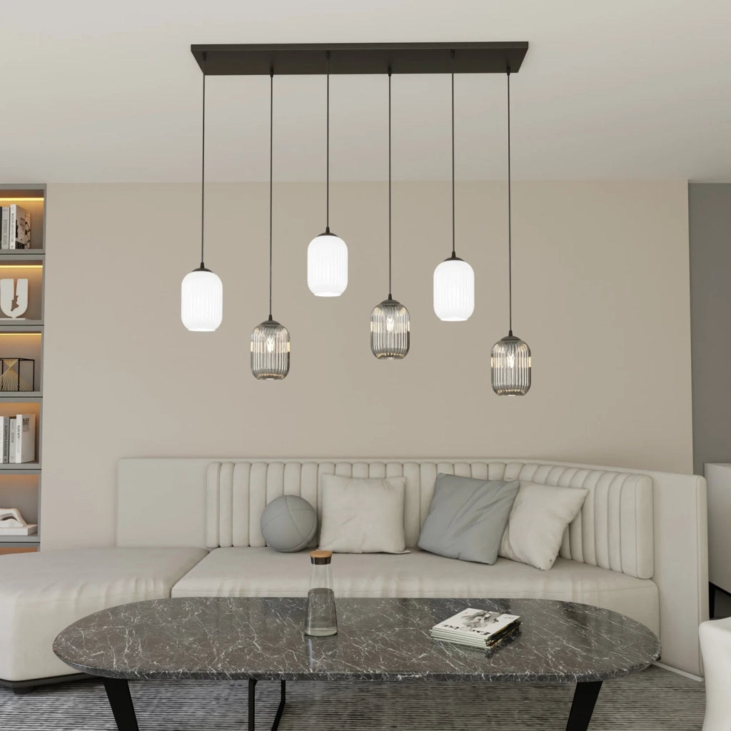 Lampadario 6 Luci Selene In Acciaio Nero E Vetri Plissettati In Bianco E Fumè