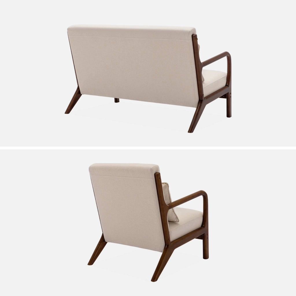 Set panca scandinava 2 posti e poltrona in legno di hevea, beige
