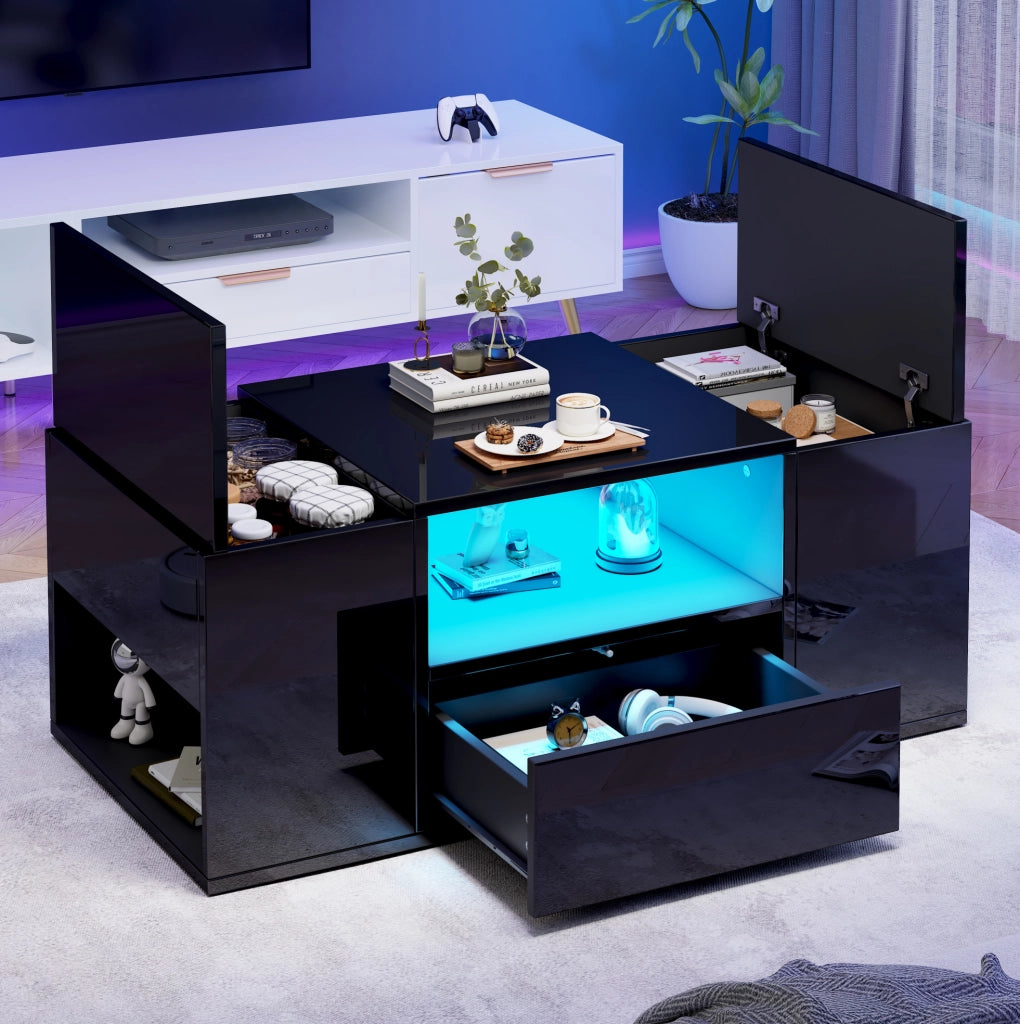 Tavolino da salotto con LED e vani contenitore; 100 x 50 x 40 cm; in truciolare nero lucido