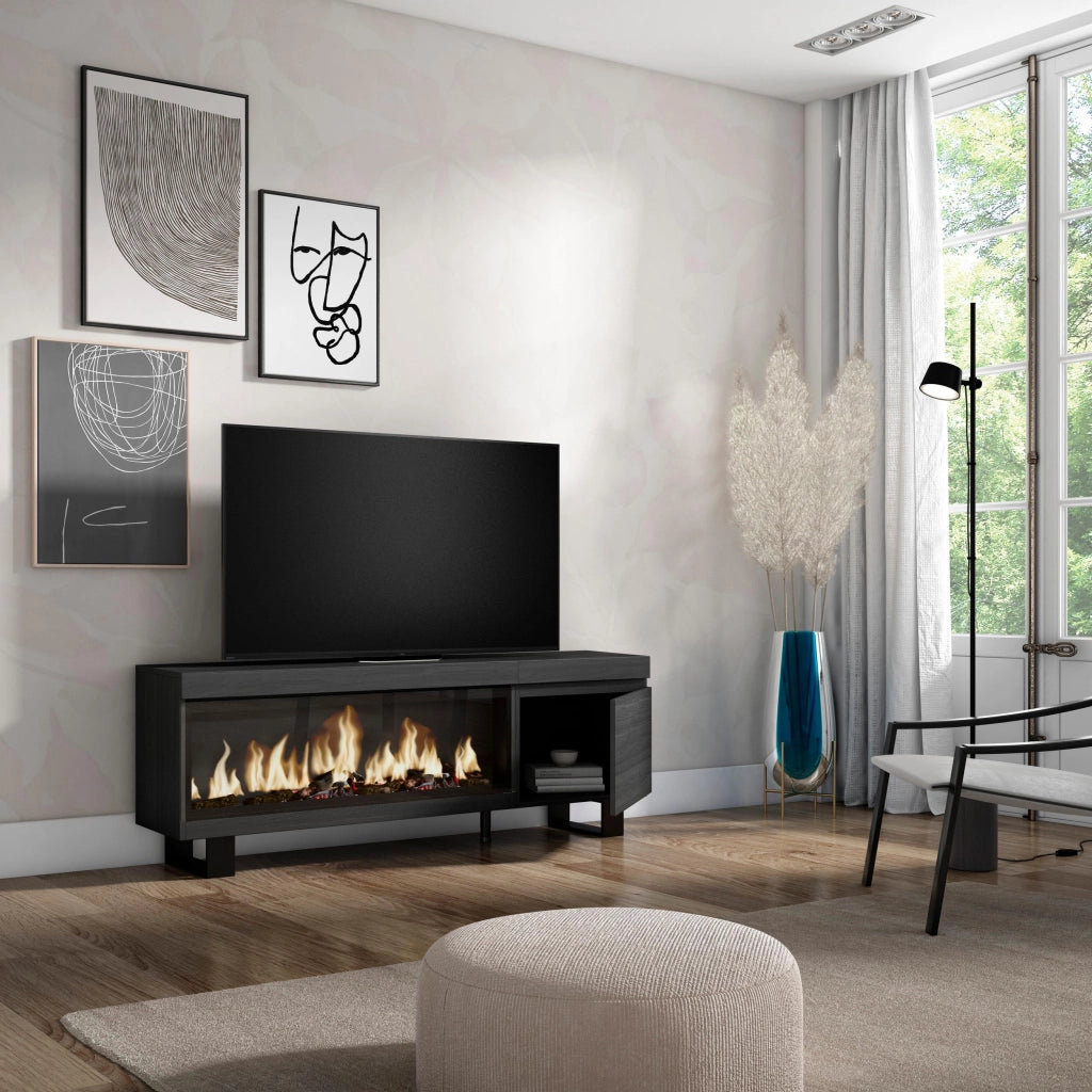 Mobile TV Soggiorno, 158x35x57cm, Per TV fino a 65", Camino elettrico XXL, Design industriale, Nero RF3245