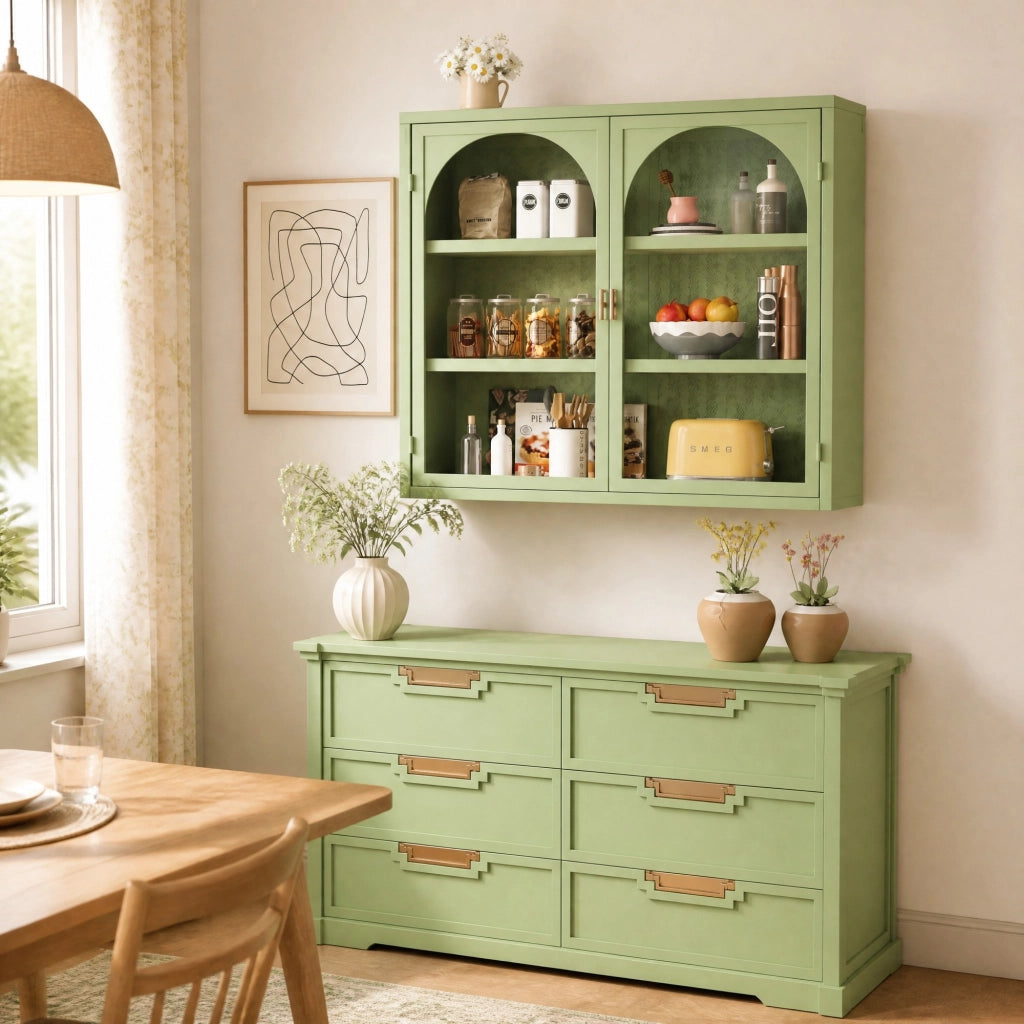 Pensile moderno a 2 ante in vetro e metallo verde con ripiano interno estraibile e 3 livelli di stoccaggio, 79,5 x 39 x 24 cm