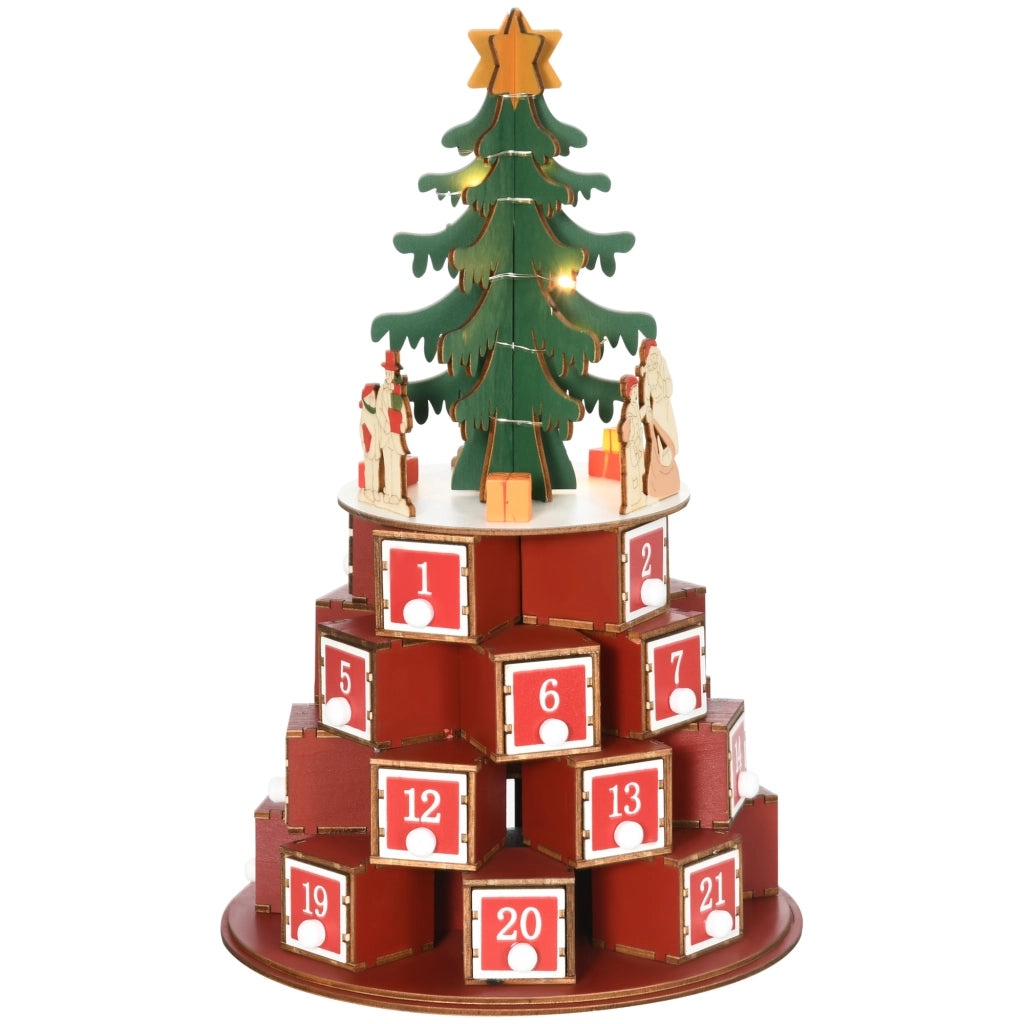 Calendario dell'Avvento Natalizio a Cono con LED ¨C Xylo ¨C 22x22x35 cm Compensato Rosso Verde