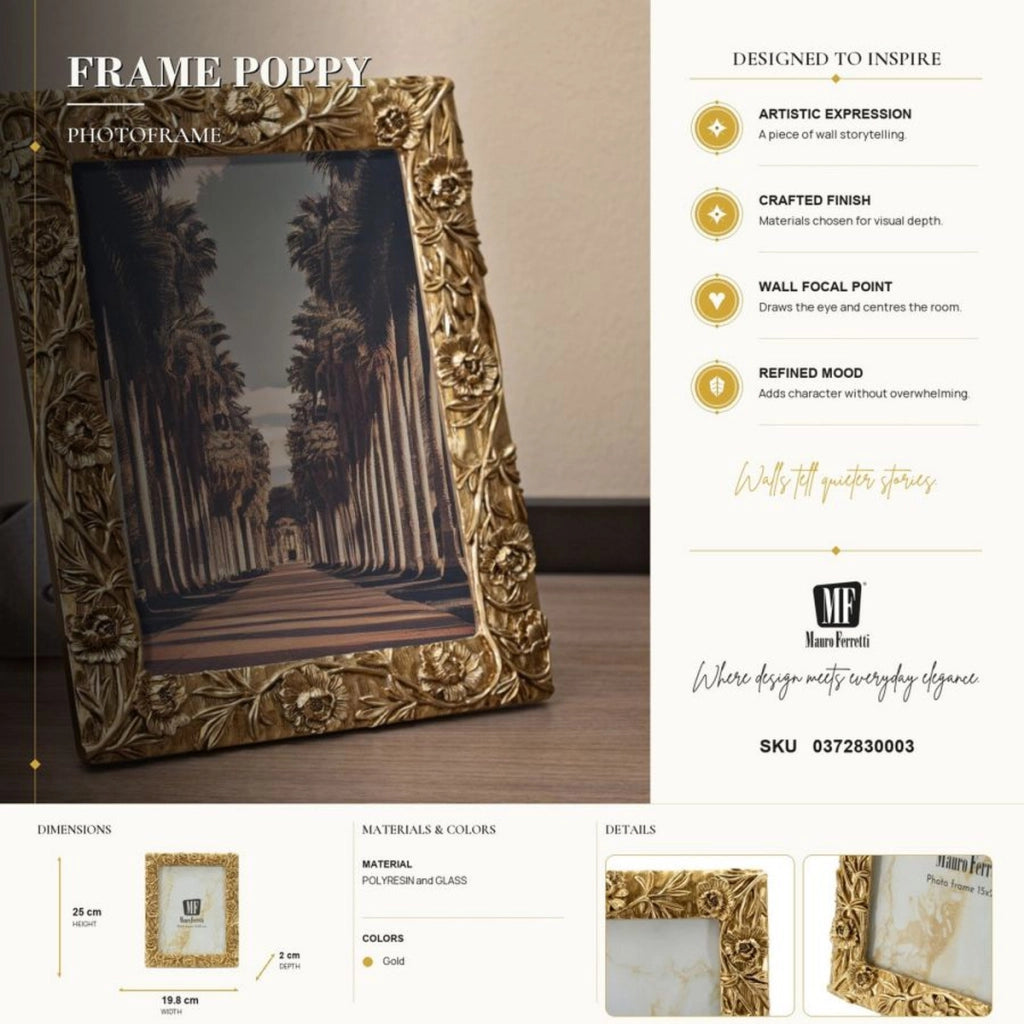 Cornice portafoto Poppy oro con decoro a papaveri 15x20 cm