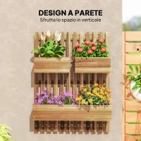 Fioriera Verticale a Doghe con 3 Vasi Rimovibili, in Legno di Abete, 60x16x80 cm, Marrone Bruciato
