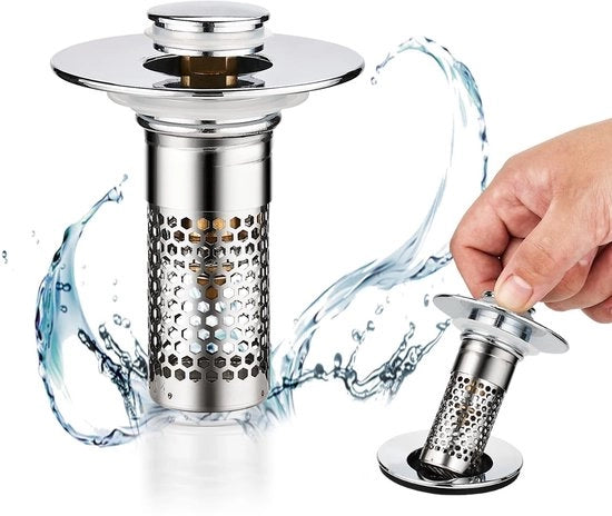 Stop per vasca da bagno a pop-up per tubo da scarico, adatto per stop di scarico vasca da bagno 28-37 mm, fondo in acciaio inossidabile, stop di scarico a pop-up universale, vasca da bagno, fondo di scarico, vasca da bagno con setaccio per capelli.