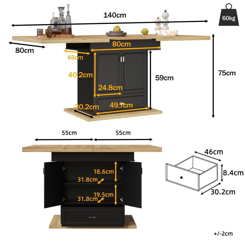 Tavolo da pranzo 110x80x75 cm estensibile con vano contenitore in MDF e metallo naturale