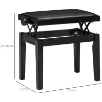 Panca per pianoforte, sgabello per pianoforte, regolabile in altezza, elegante in pelle sintetica+legno di gomma, nero, 63 x 33 x 56cm