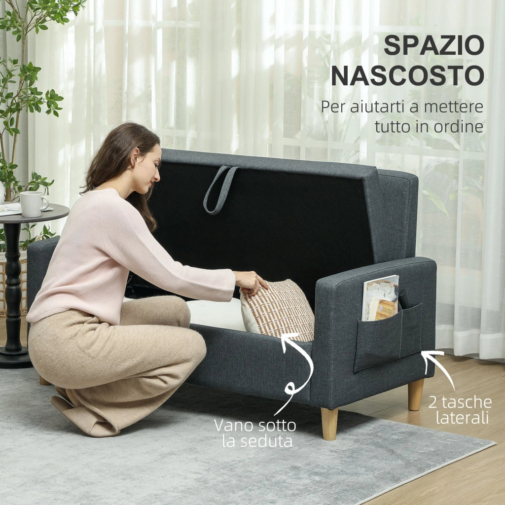 Divano 2 Posti 135x72x84 cm con Vano Contenitore  in Tessuto Effetto Lino Grigio Carbone