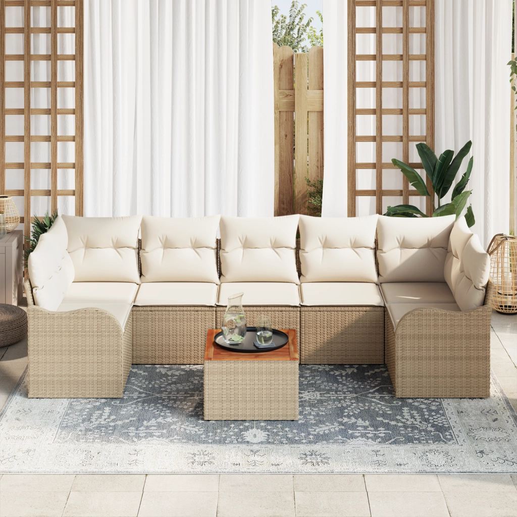 Set Divano da Giardino 8 Pezzi con Cuscini Beige Polyrattan Acacia