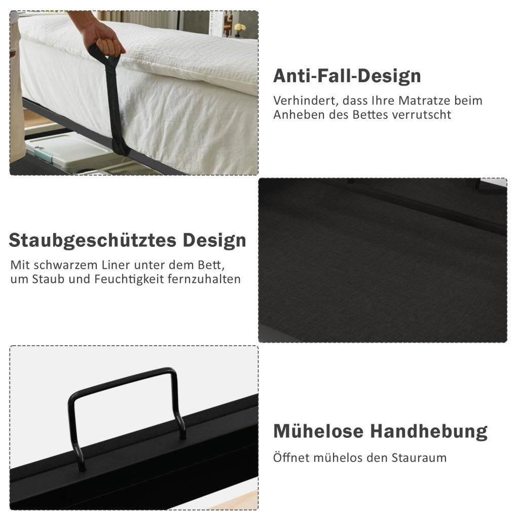 Letto contenitore 160x200 cm con testiera LED; USB e Type-C; cotone-lino beige