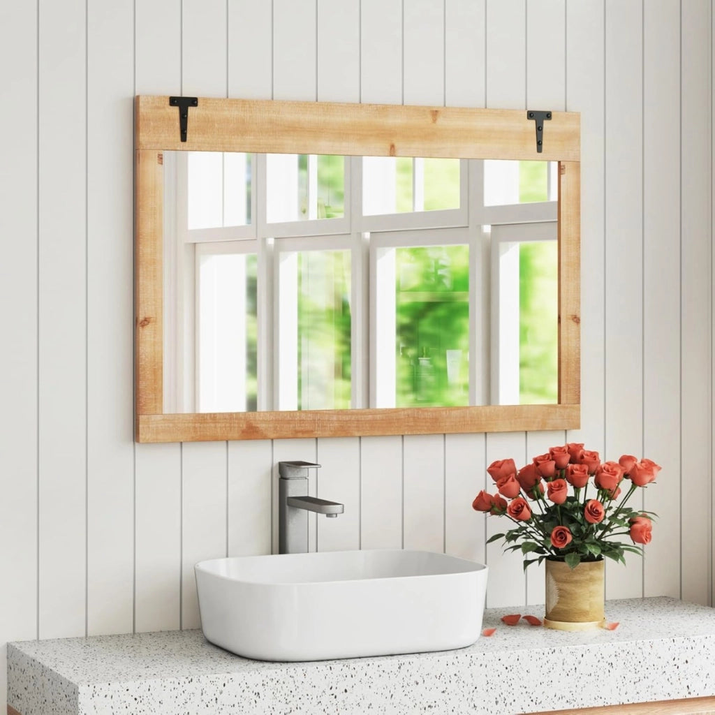Specchio da parete con cornice in legno, Specchio stile rustico 97 x 67 cm con cornice in legno di abete Naturale-Specchi da parete