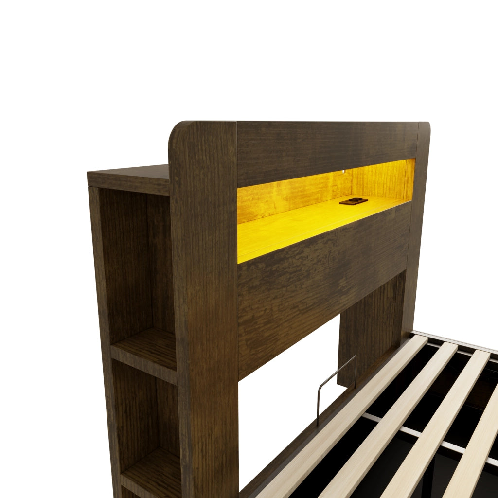 DESMIU Letto contenitore 140 × 200 cm 2 posti con sollevamento idraulico, LED, prese e ripiani, senza materasso, legno
