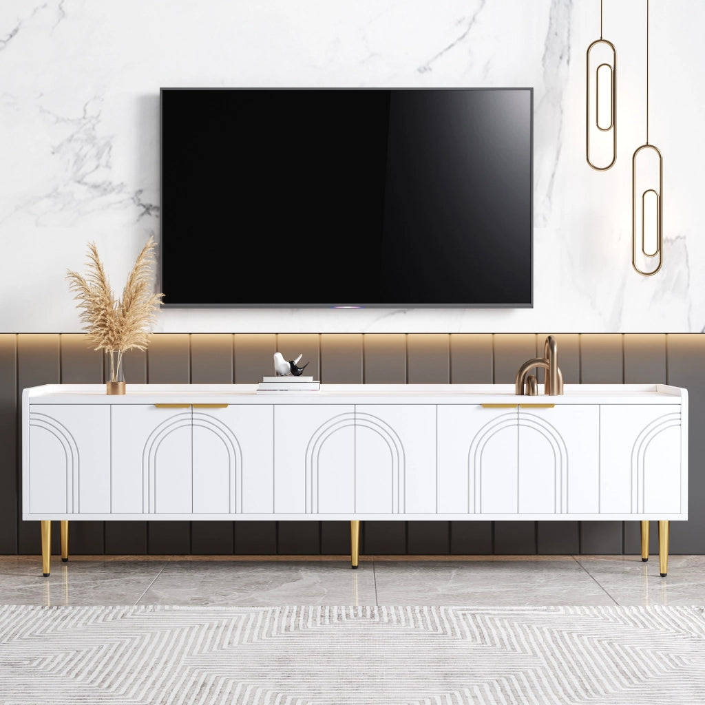 Mobile TV con 2 Ante e Scomparti; Passacavi; Design Scultoreo 3D; in MDF; Bianco; 170??35??47;5 cm