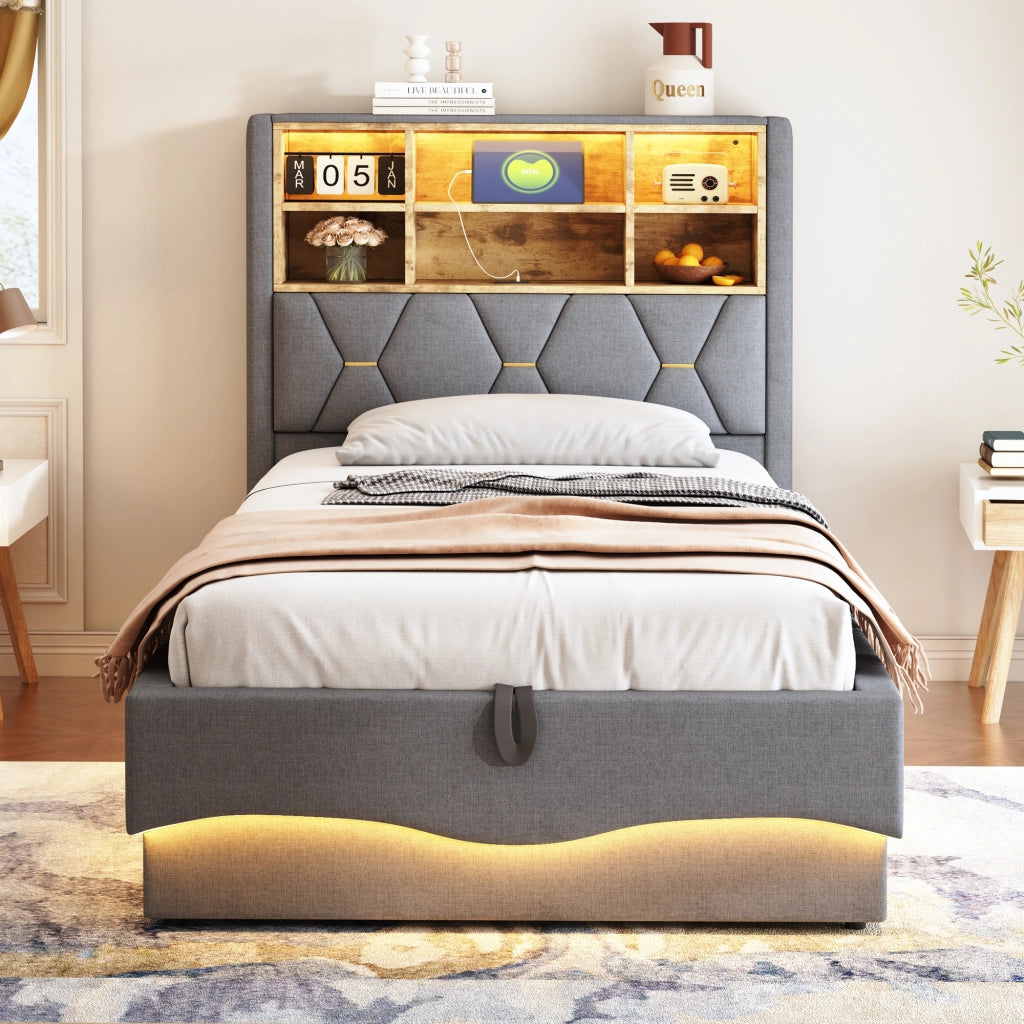 OKWISH Letto Bambini 90×200 cm, Letto Singolo con Contenitore Idraulico, LED con App, USB e Vano Portaoggetti, senza Materasso, Grigio