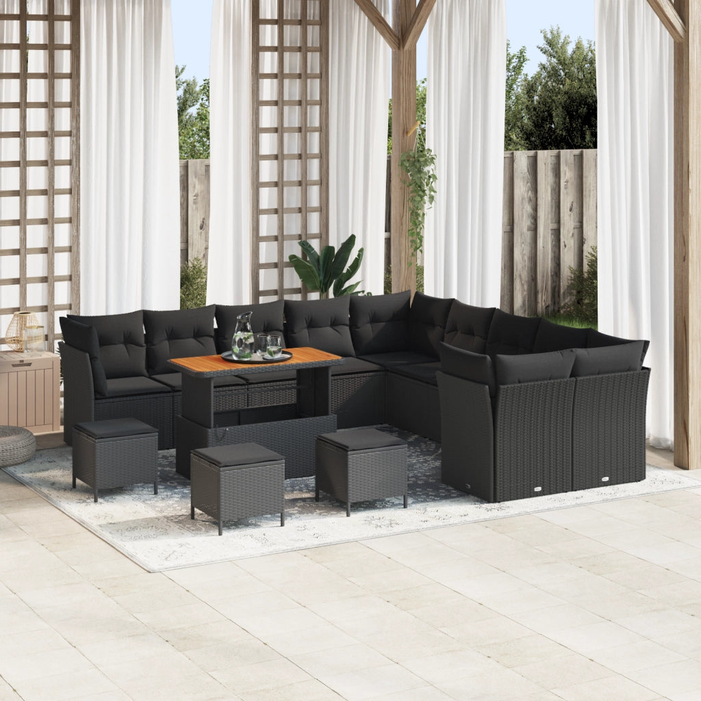Set di Divani da Giardino  da 14 Pezzi con Cuscini Nero Polyrattan Acacia