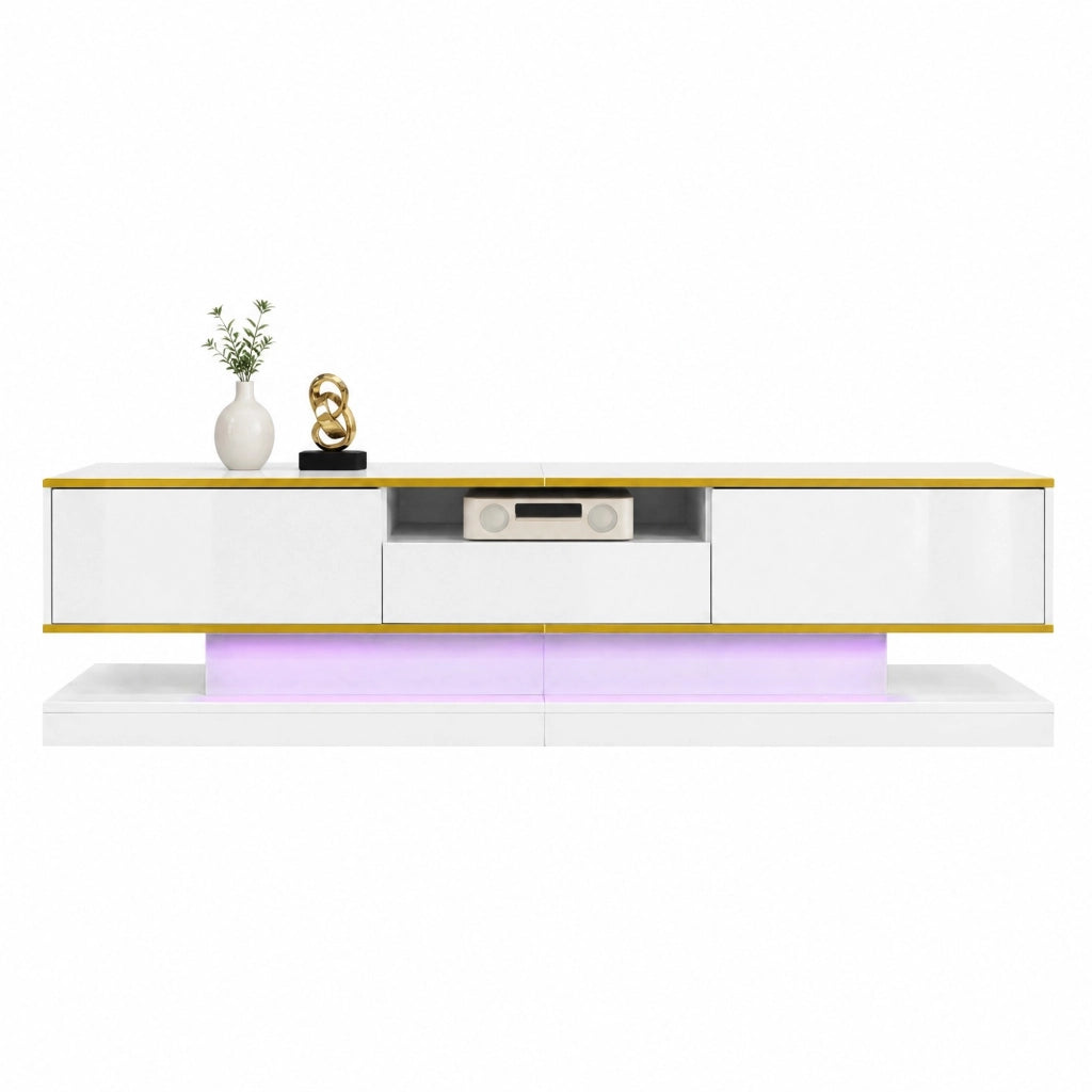 Mobile TV bianco lucido con LED RGB, 3 cassetti, 180 cm