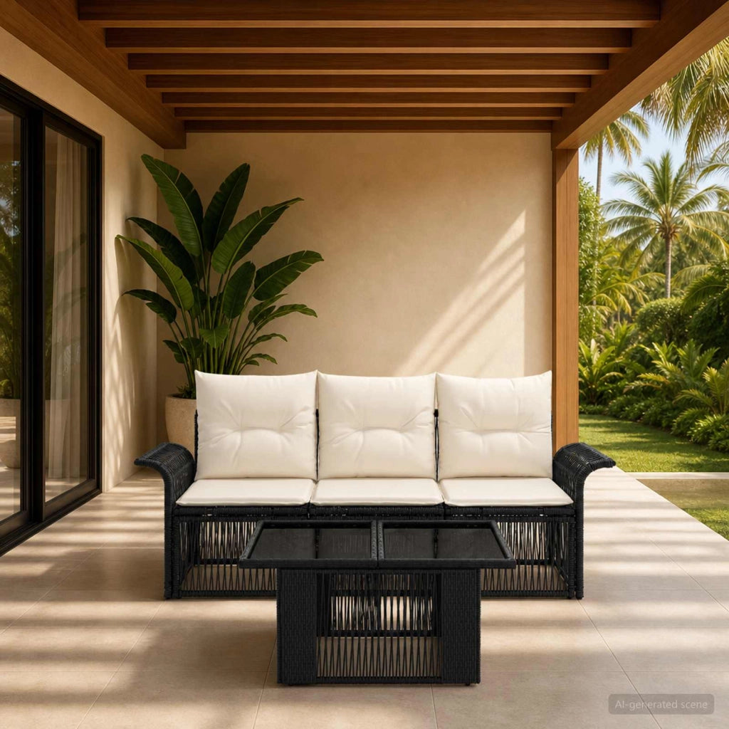 Set Divano da Giardino 4 pz Nero e Bianco Crema polyrattan 3436585