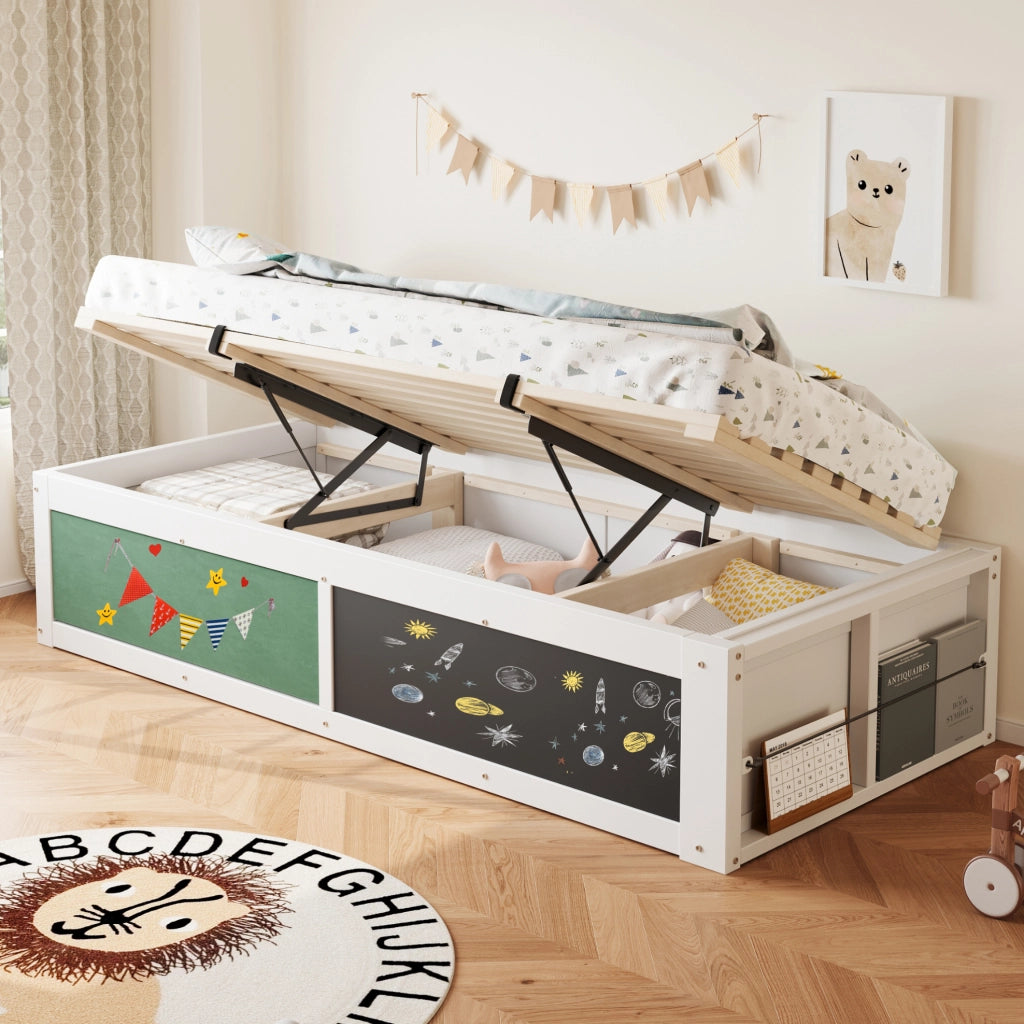 Letto per bambini multifunzione 90x200 cm con contenitore idraulico; lavagna e pannello in feltro; bianco
