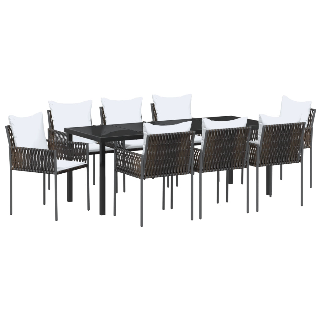 Set da Pranzo da Giardino da 9 Pezzi con Cuscini Marrone in Rattan Polimerico