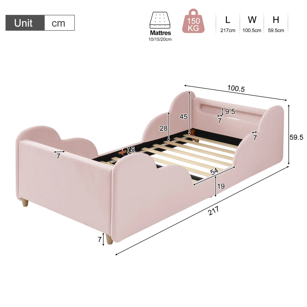 Letto singolo per bambini 90x200 cm in velluto rosa con luce notturna e USB
