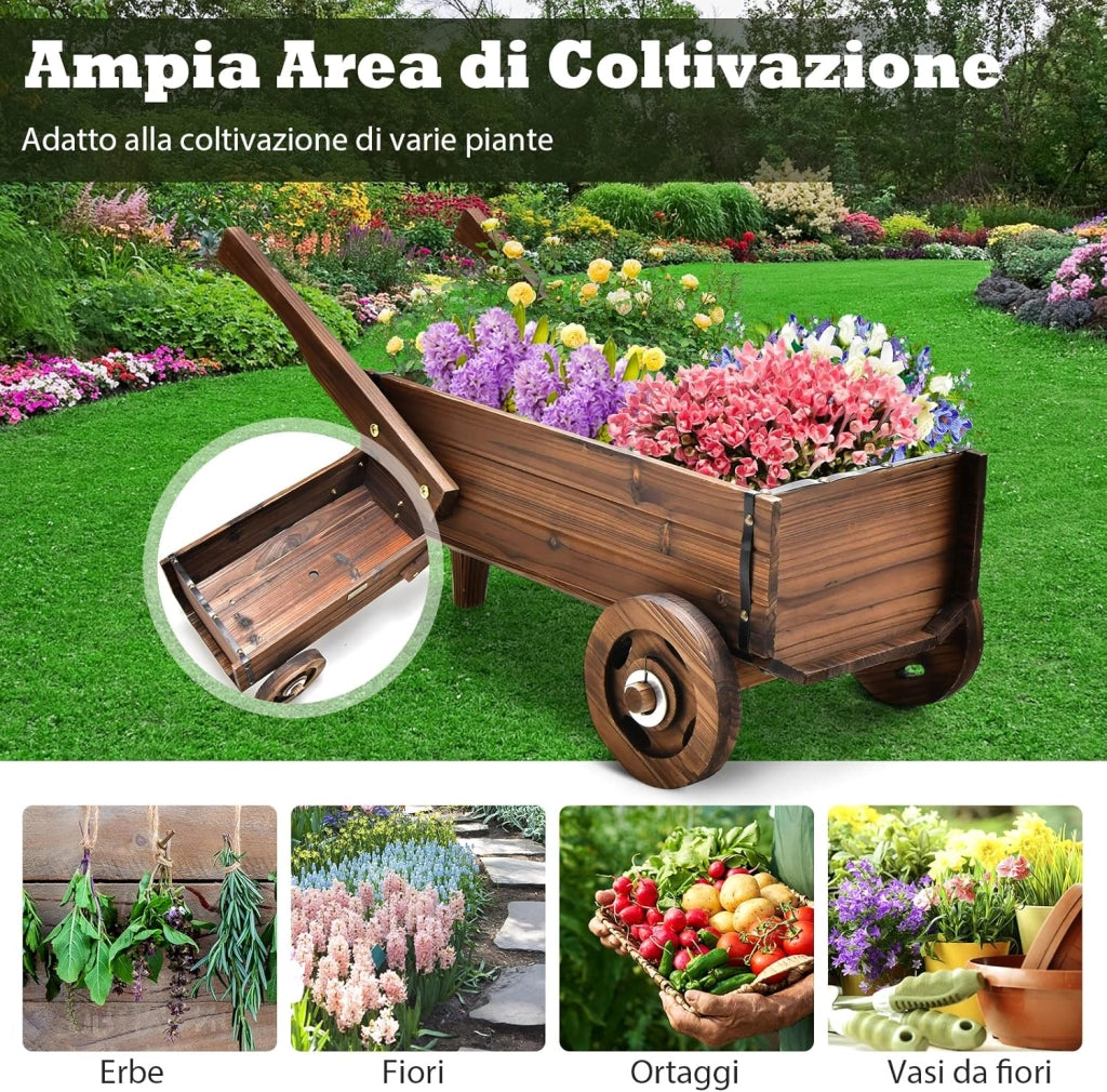 Fioriera da Esterno in Legno a Forma di Carrello, Carriola Portafiori con Ruote, Maniglie, Foro di Drenaggio, Carrello Decorativo da Interno ed Esterno, per Giardino, Patio e Balcone