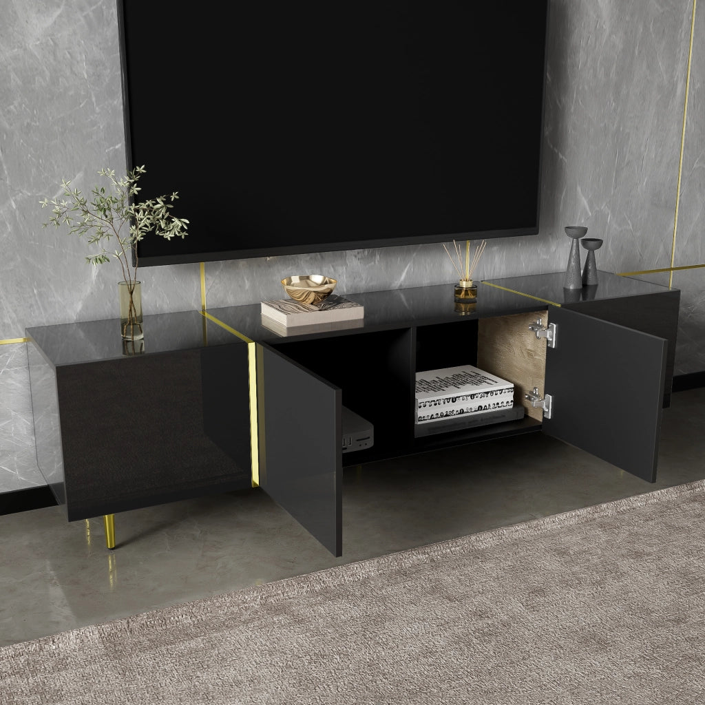 Mobile porta TV con 4 ante in MDF lucido nero con dettagli oro, moderno e facile da pulire 170 × 35 × 46 cm