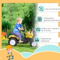 Escavatore a Pedali per Bambini da 3 Anni con Ruspa Frontale, Rimorchio e 6 Ruote, Giallo