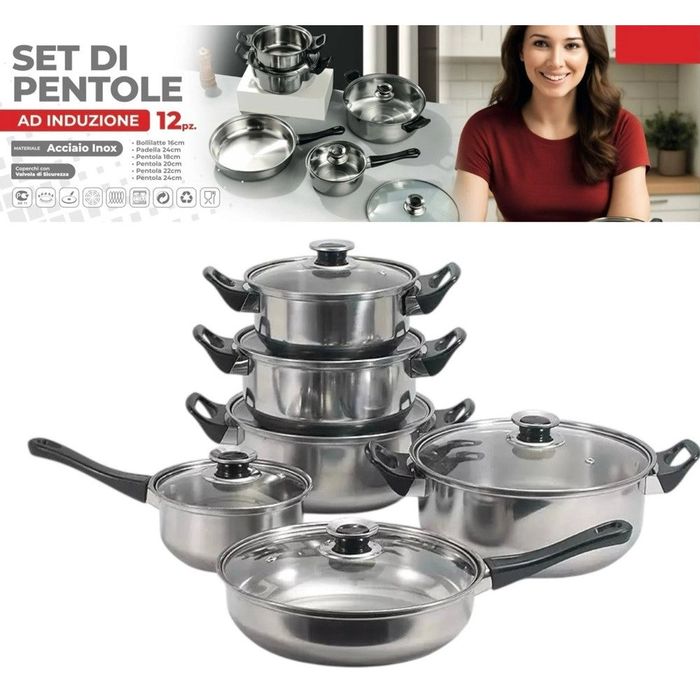 Trade Shop - Set Batteria Di Pentole 12pz In Acciaio Inox Ad Induzione Coperchi Con Valvola Sicurezza -