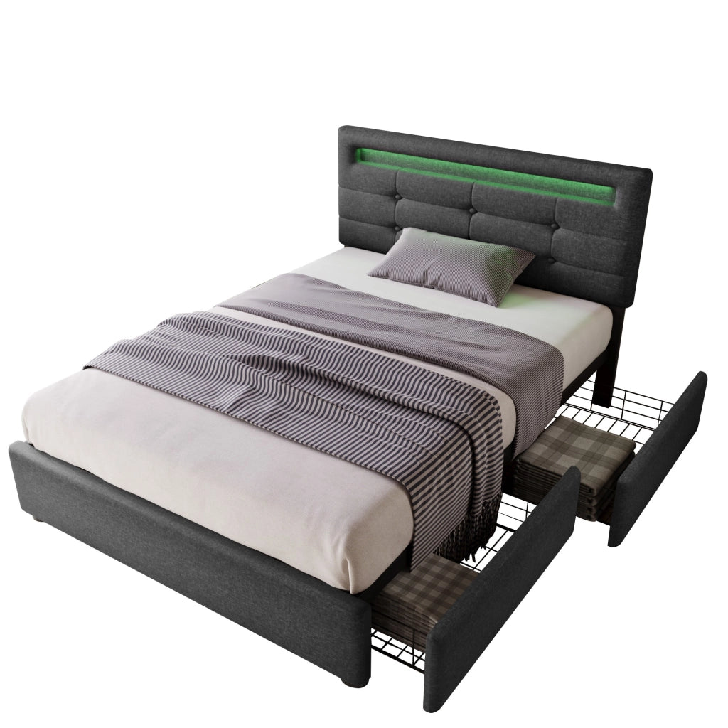 OKWISH Letto Singolo con 2 Cassetti, LED, Testiera Regolabile, 90×200 cm, senza Materasso, in Lino, Grigio